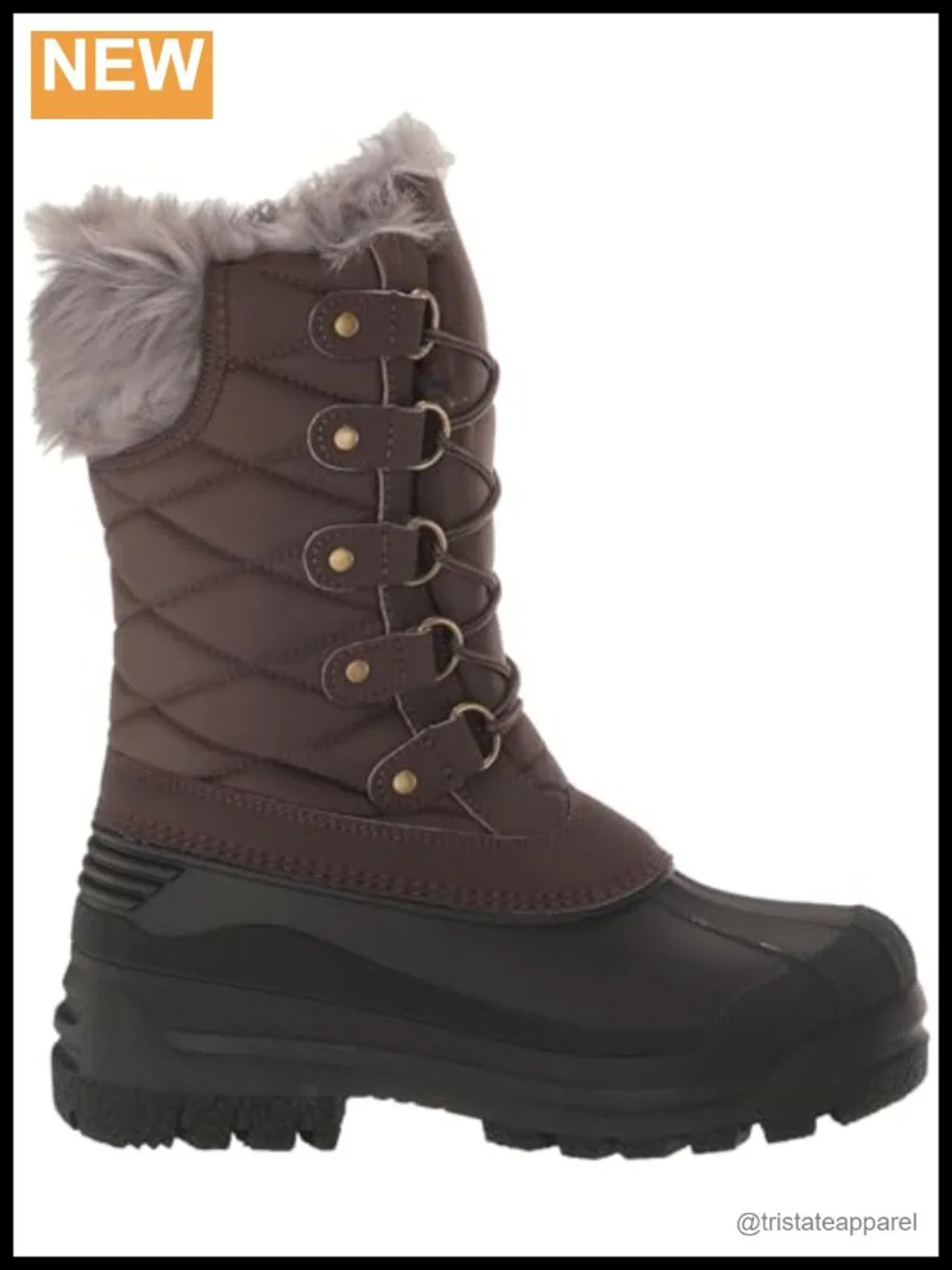Quilted Nylon Mid-Calf Snow Boots with Faux Fur Trim, Lace-Up